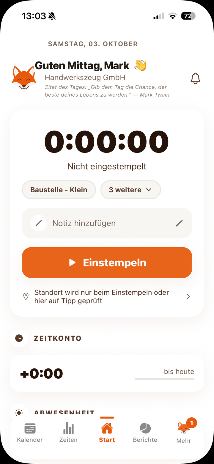 Stempeluhr mit Timer, Baustellen-Auswahl und Notiz